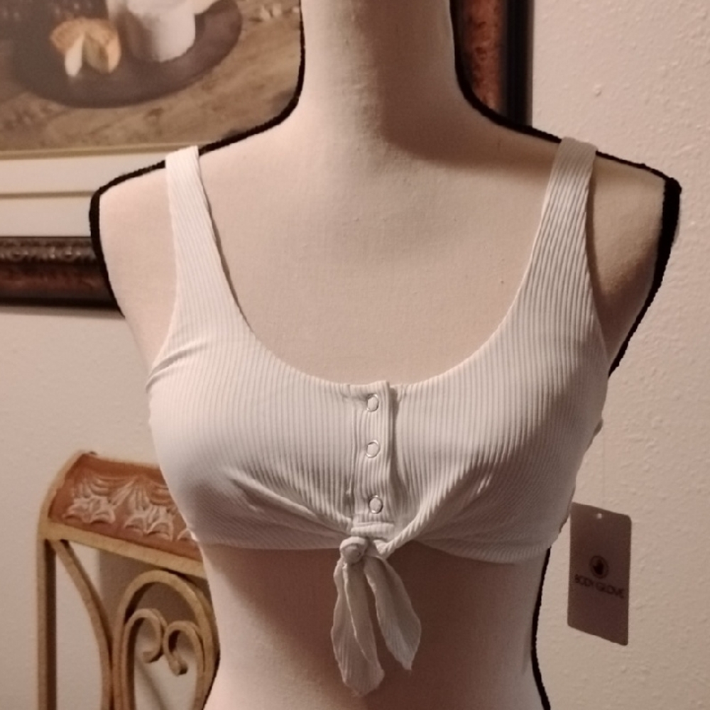 White Ribbed Tie-Front Top